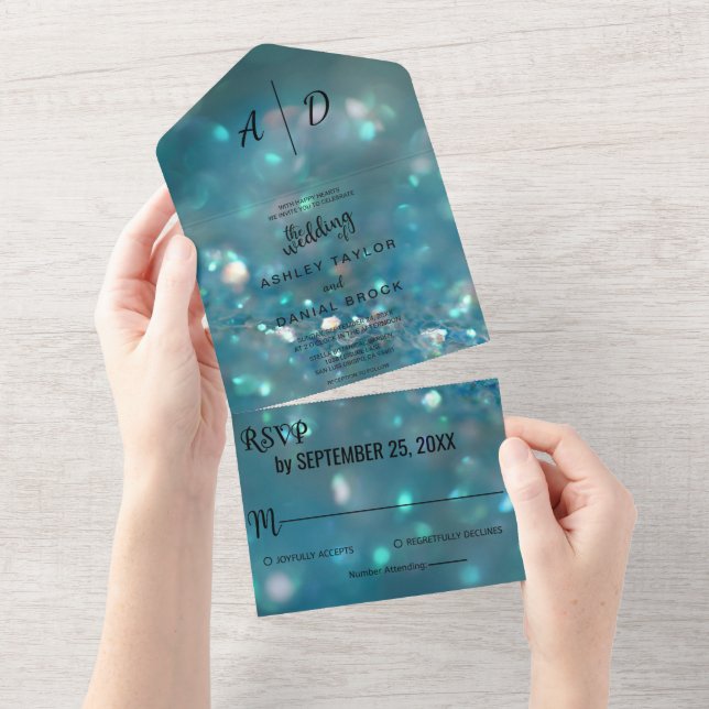 Elegant chic classy blue glitter Wedding All In On One Invitation (Tearaway)