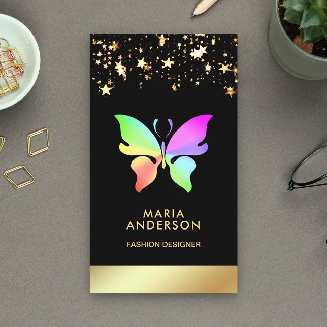 Elegant Chic Confetti Black Gold Rainbow Butterfly Business Card (Creator Uploaded)