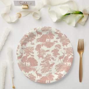 Elegant Chic Coral Pink Toile Deer Woodland Paper Plate