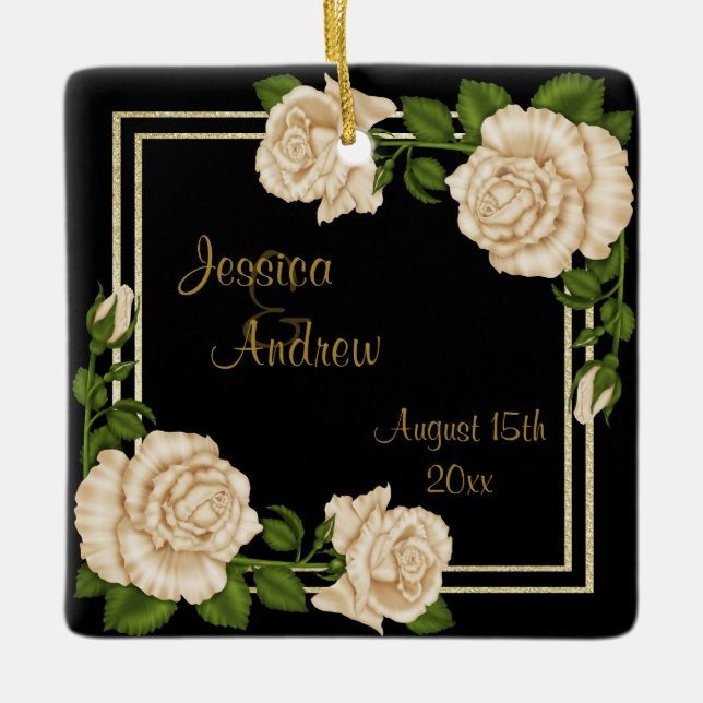 Elegant Chic Corner Ivory Roses Bouquets Wedding Ceramic Ornament (Front)