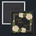 Elegant Chic Corner Ivory Roses Bouquets Wedding Magnet<br><div class="desc">Beautiful design for newly weds. Elegant, glamourous and sophisticated custom personalised wedding magnet with a pretty romantic corner bouquet display of ivory roses and greenery, with a pretty shiny gold glittery double frame all printed on a black background. These are beautifully designed magnets for weddings with cute, stylish, girly flowers...</div>