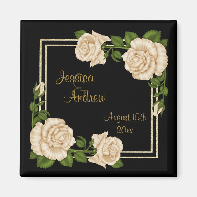 Elegant Chic Corner Ivory Roses Bouquets Wedding Magnet (Front)