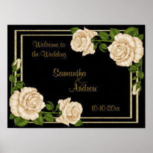 Elegant Chic Corner Ivory Roses Bouquets Wedding Poster