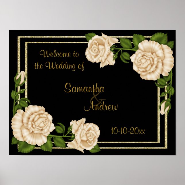 Elegant Chic Corner Ivory Roses Bouquets Wedding Poster (Front)