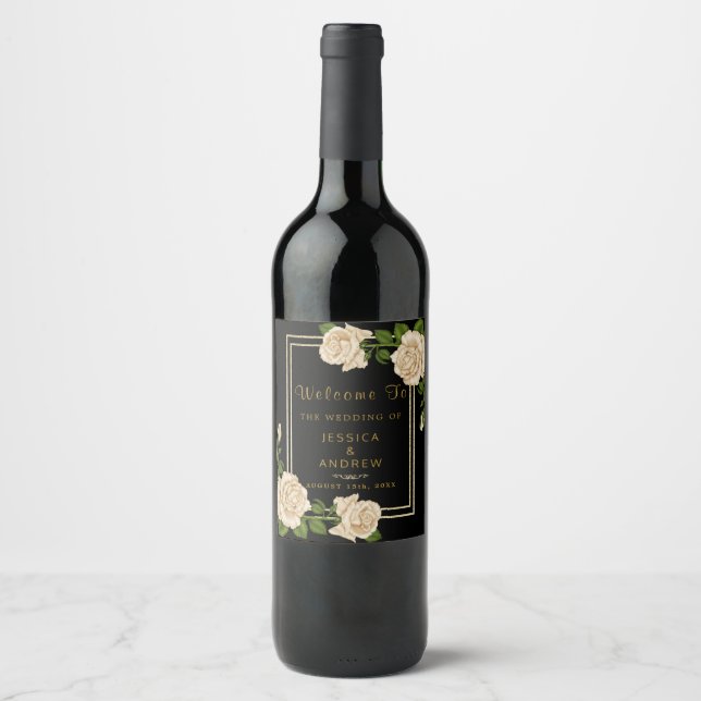 Elegant Chic Corner Ivory Roses Bouquets Wedding Wine Label (Front)