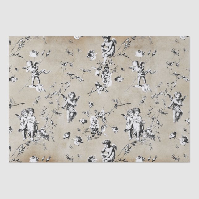 Elegant Chic Cupid Angels Floral Toile Kraft Tissue Paper (Front)
