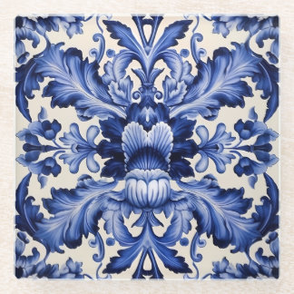 Elegant Chic Delftware Blue Flower Glass Coaster