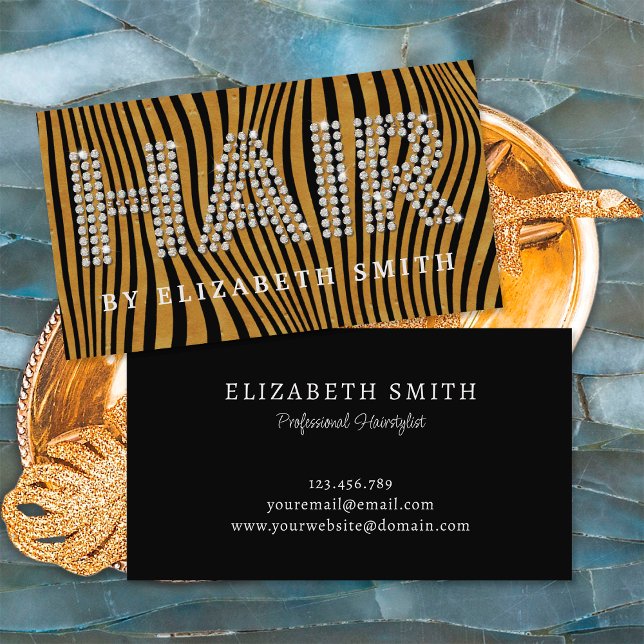 Elegant Chic Diamond Gold Hair Dresser Hairstylist Business Card (Front and Back)