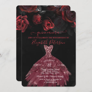 Elegant Chic Dress Red Roses Quinceañera Invitation