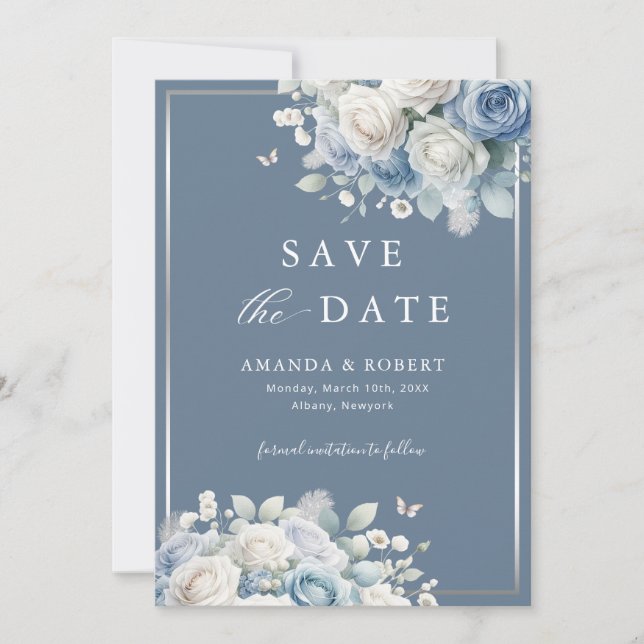 Elegant Chic Dusty Blue Boho Floral Save the Date  (Front)