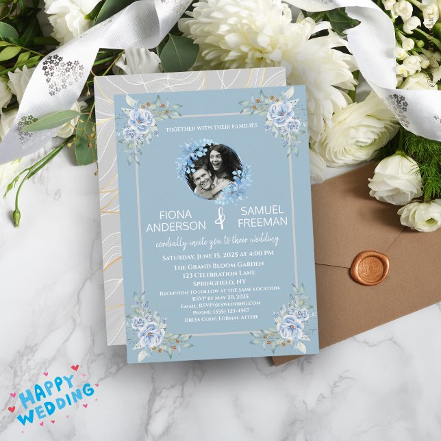 Elegant Chic Dusty Blue Gold Custom Wedding  Invitation (Creator Uploaded)