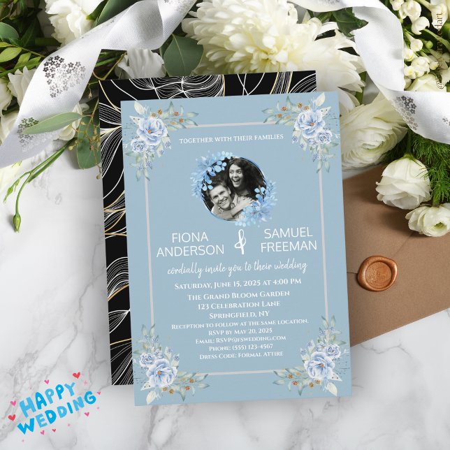 Elegant Chic Dusty Blue Gold Custom Wedding  Invitation (Creator Uploaded)
