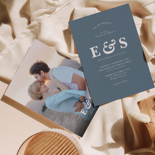Elegant Chic Dusty Blue Monogram Photo Wedding Invitation