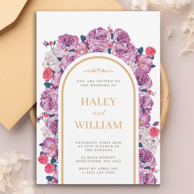 Elegant Chic Dusty purple & Gold Floral Wedding Invitation (Creator Uploaded)