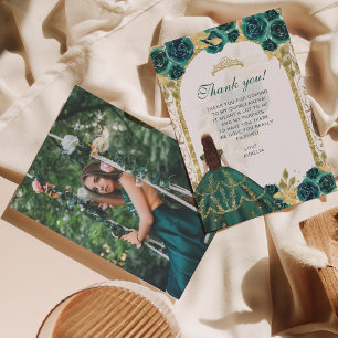 Elegant Chic Emerald Floral Photo Quinceañera Thank You Card