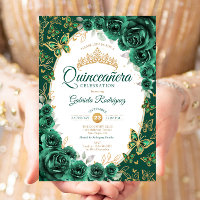Elegant Chic Emerald Green Gold Floral Quinceanera