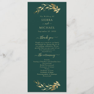 Elegant Chic Emerald Green Gold Foliage Wedding Programme