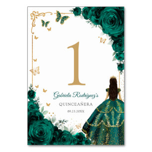 Elegant Chic Emerald Green Roses Gold Quinceanera Table Number