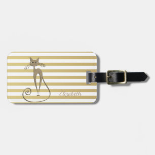 Elegant Chic Faux Gold Glittery Cat On Stripes Luggage Tag