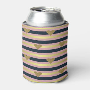 Elegant Chic Faux Gold Glittery Hearts On Stripes Can Cooler
