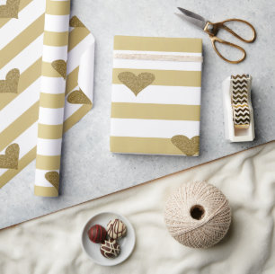 Elegant Chic  Faux Gold Glittery Hearts On Stripes Wrapping Paper