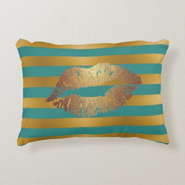 Elegant Chic  Faux Gold Glittery  Lips  On Stripes Decorative Cushion (Front)