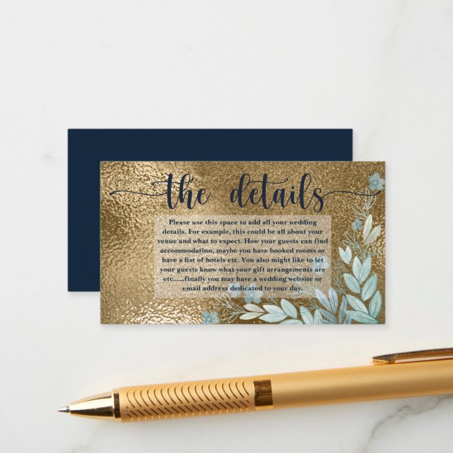Elegant Chic Faux Gold Leaf and Navy Blue Details Enclosure Card (Front/Back In Situ)
