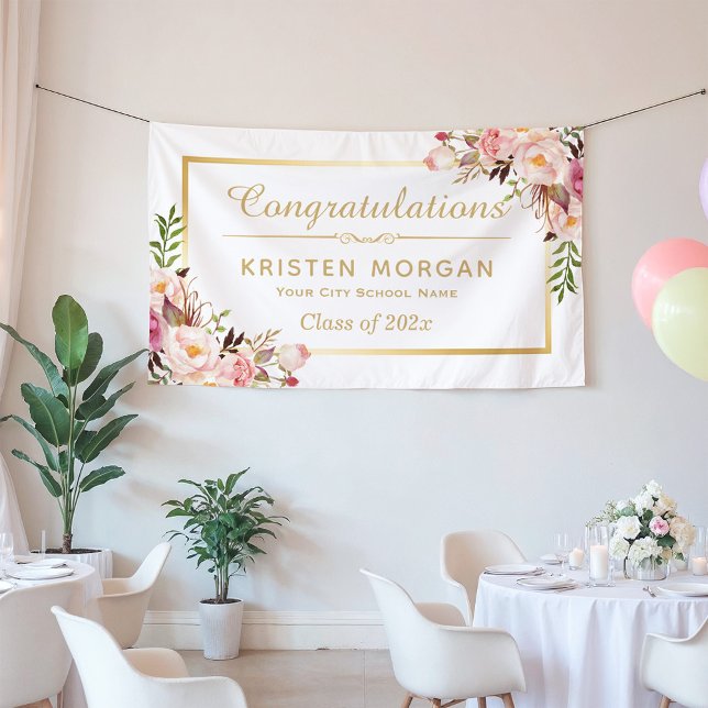 Elegant Chic Floral Gold Frame Graduation Party Banner (Creator Uploaded)