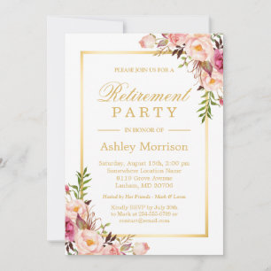 Elegant Chic Floral Gold Frame   Retirement Party Invitation