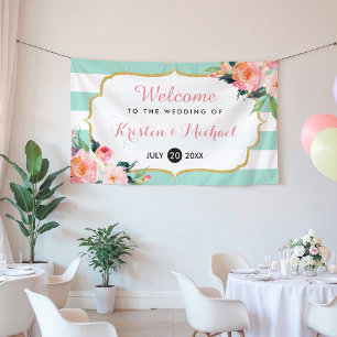 Elegant Chic Floral Mint Green Stripes Wedding Banner