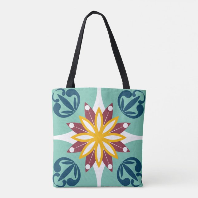 Elegant & Chic Floral Moroccan Mosaic Tile Blue Tote Bag (Back)