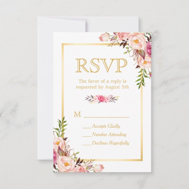 Elegant Chic Flowers Gold Frame RSVP (Front)