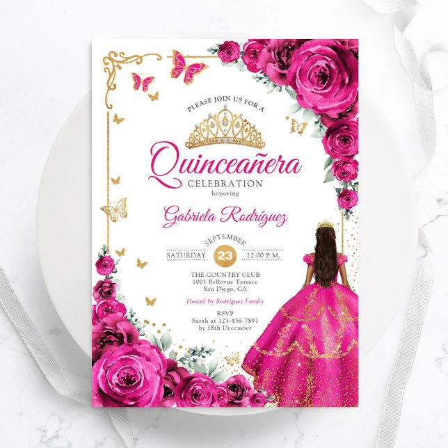 Elegant Chic Fuchsia Pink Roses Gold Quinceanera Invitation (Creator Uploaded)