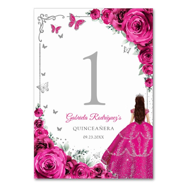 Elegant Chic Fuchsia Pink Roses Silver Quinceanera Table Number (Front)