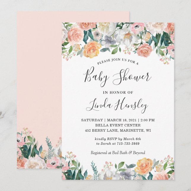 Elegant Chic Garden Rose Peony Floral Baby Shower Invitation (Front/Back)