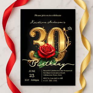 Elegant Chic Gilded 30th with Red Rose Bloom Invitation