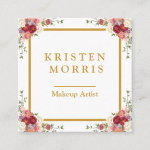 Elegant Chic Girly Pink Floral Gold Frame Personal Square Business Card