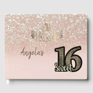 Elegant Chic Glitter Bokeh,Tiara,Sweet 16 Guest Book