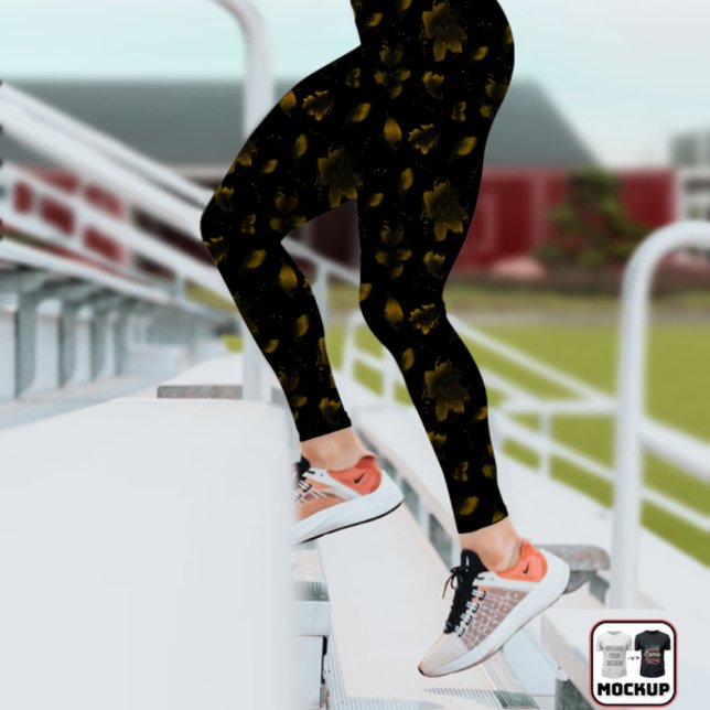 Elegant Chic Gold and Black Floral Botanical Leggings (Creator Uploaded)