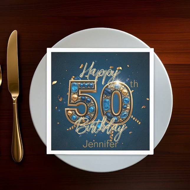 Elegant Chic Gold and Blue Gemstone 50th Birthday Napkin (Creator Uploaded)