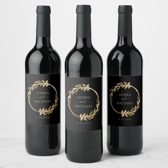 Elegant Chic Gold Black Eucalyptus Wreath Wedding Wine Label (Bottles)
