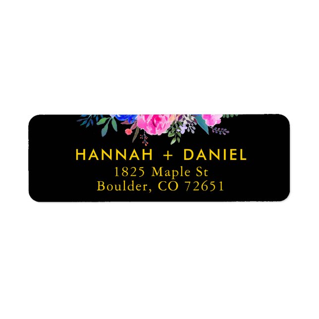 Elegant Chic Gold & Black Floral Return Address (Front)