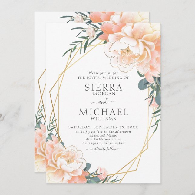 Elegant Chic Gold Blush Peach Cream Floral Wedding Invitation (Front/Back)