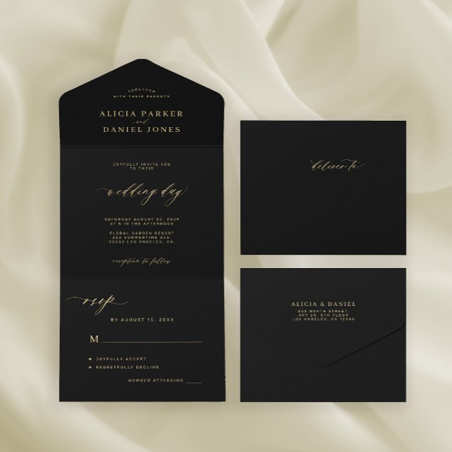 Elegant chic gold calligraphy black wedding all in one invitation (Creator Uploaded)