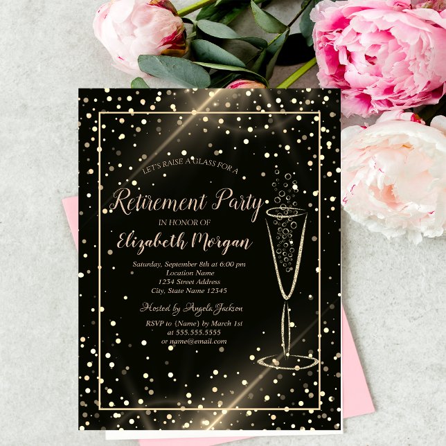 Elegant Chic Gold Confetti Wine Glass Retirement Invitation (Creator Uploaded)