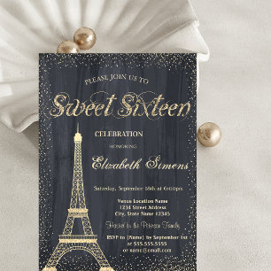 Elegant Chic Gold Eiffel Tower Confetti Sweet 16 Invitation