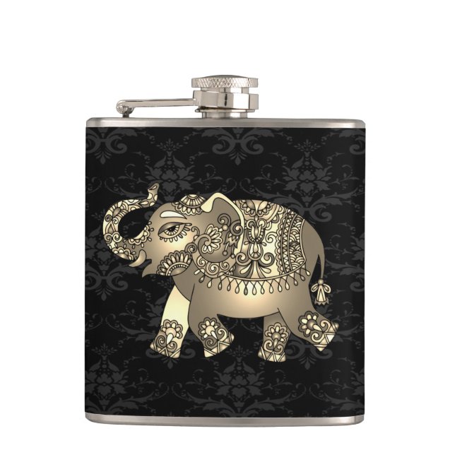Elegant Chic Gold Elephant Floral, Black Damask Hip Flask (Front)