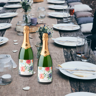 Elegant Chic Gold Floral Wildflower Wedding Photo Sparkling Wine Label