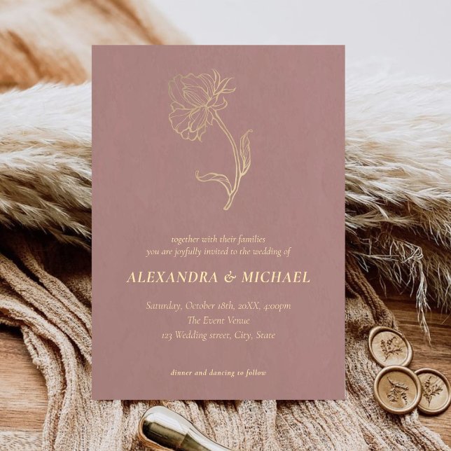 Elegant Chic Gold Flower Script Blush Pink Wedding Invitation (Creator Uploaded)
