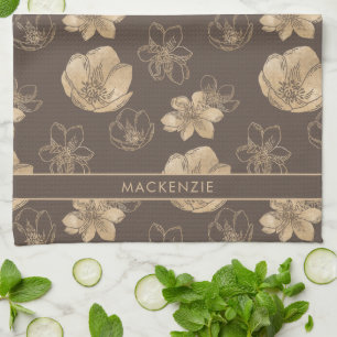 Elegant Chic Gold Foil Floral Pattern Monogram Tea Towel